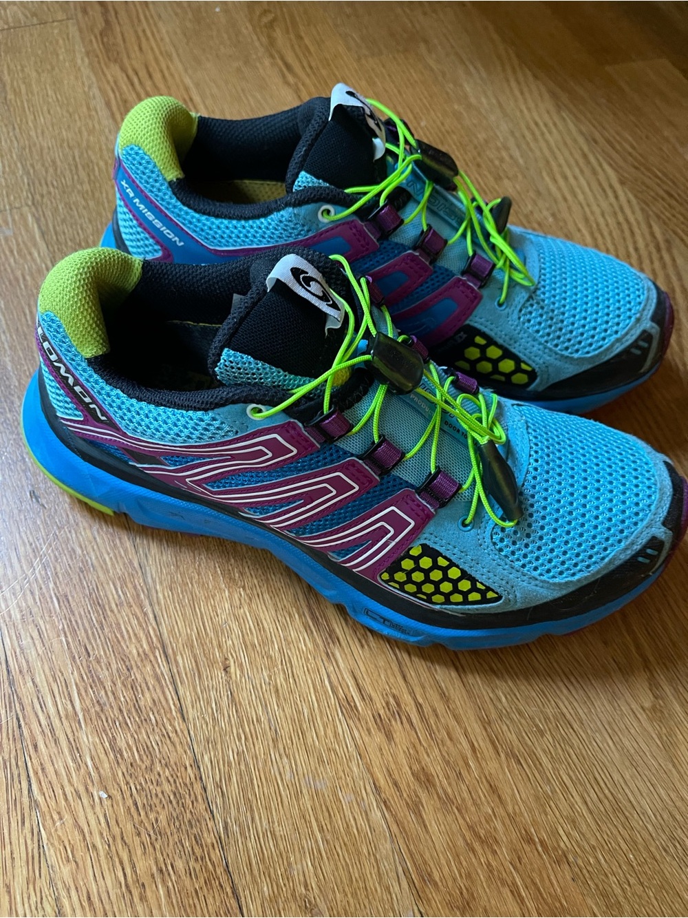 Salomon XR Mission Blue, Purple and Neon Green Trail Running Shoe 7.5